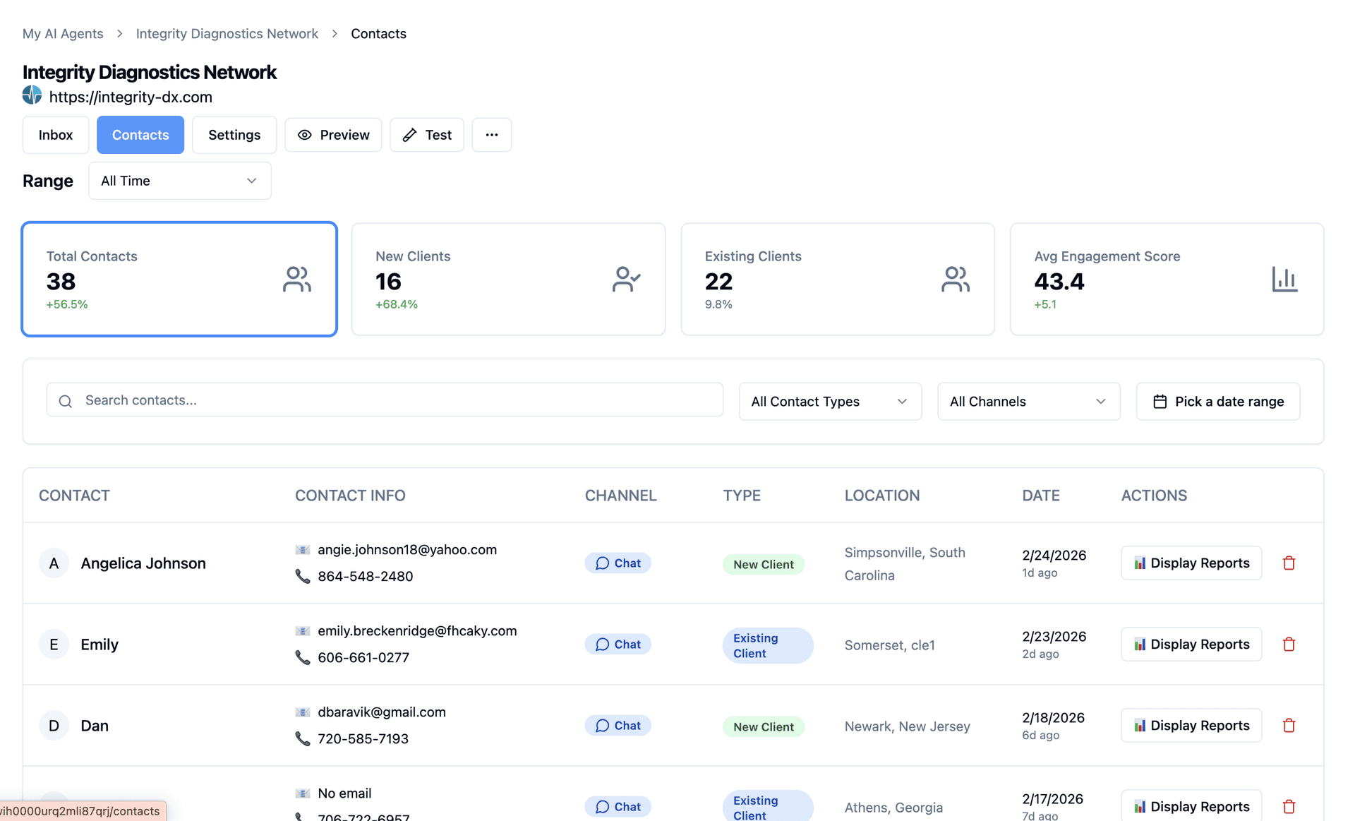 SiteGlue Contacts list with people and conversation history