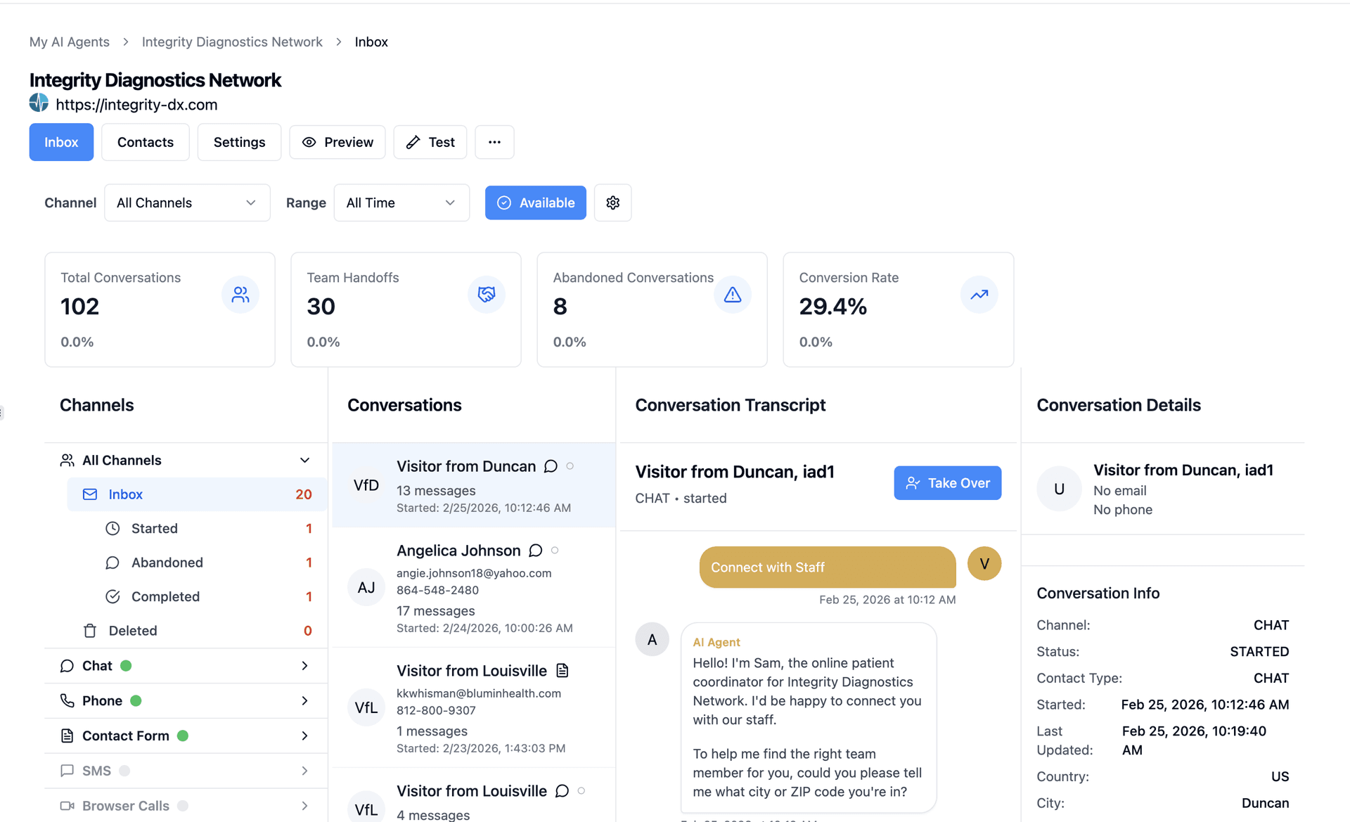 SiteGlue Inbox showing conversations across channels